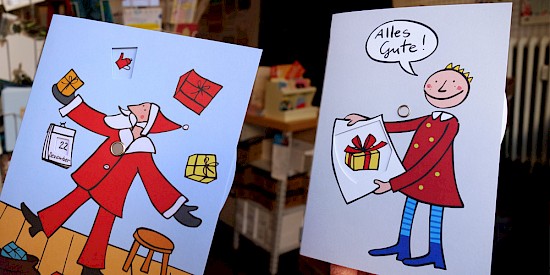 Zwei Karten mit Drehscheiben: "Adventskalender" und "Glück"