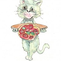 Katze mit Pizza