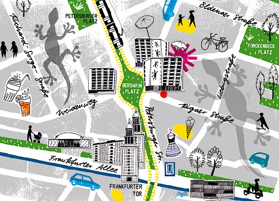 Illustrierter Stadtplan: Rund um den Bersarinplatz