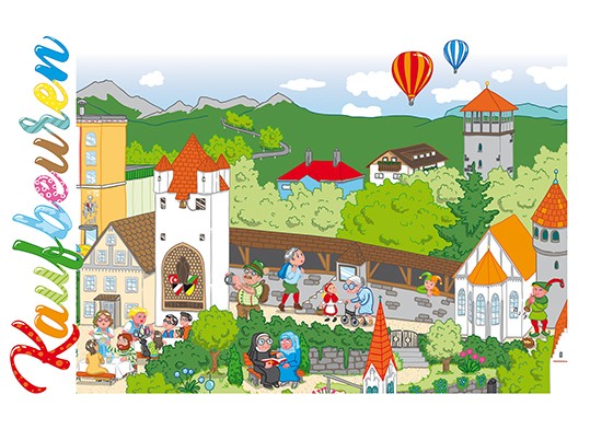 Wimmelbild der Stadt Kaufbeuren, Detailansicht als Postkarte