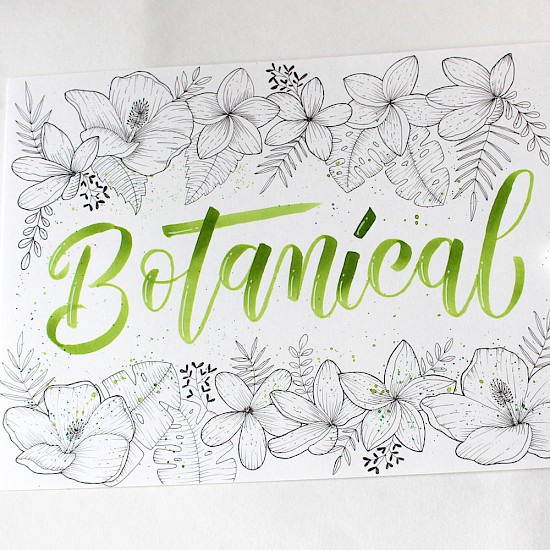 Botanical: Brushkalligrafie mit tropischem Rahmen