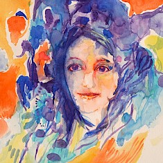 Semiabstraktes Frauenportrait in Blau-Gelb