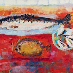 Roter Tisch mit Fischen